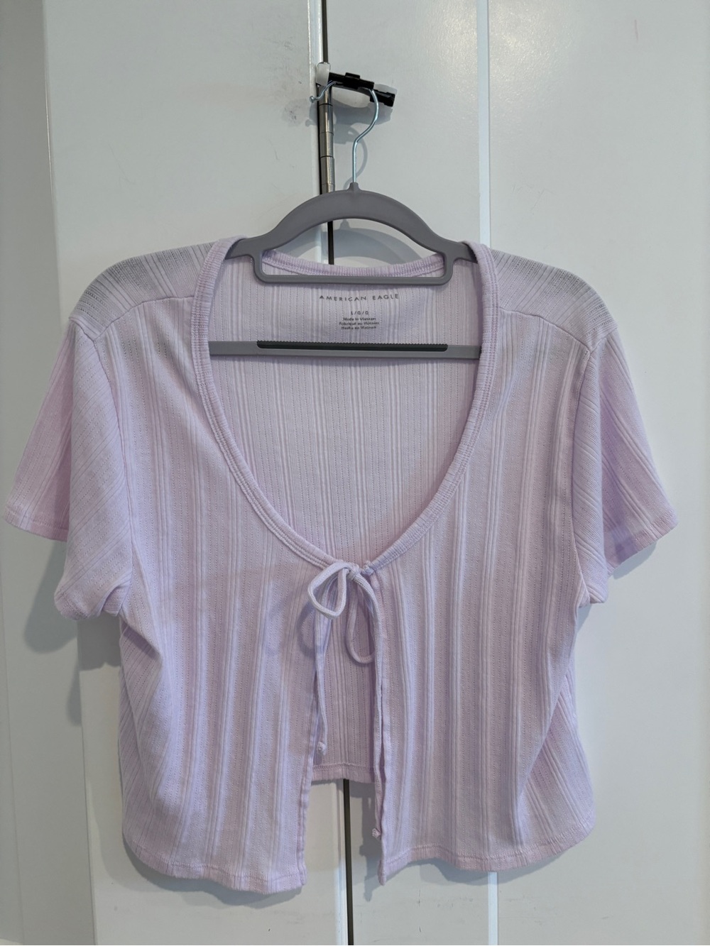 American Eagle Outfitters Light Lavender Tie-Front Ribbed Crop Top. Size L